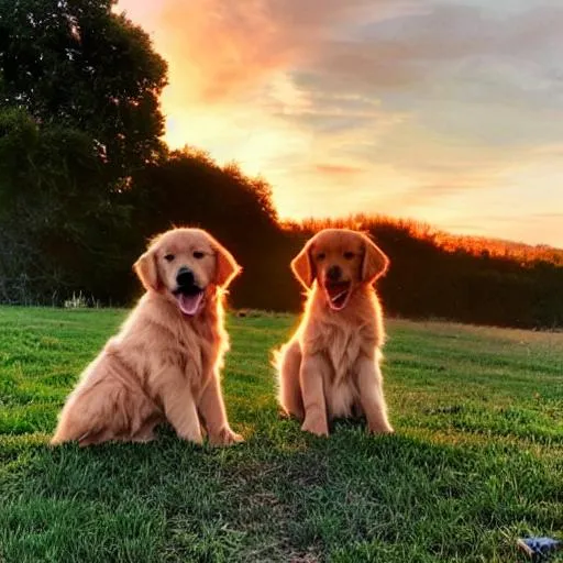 Prompt: cute golden retriever puppies with a sunset