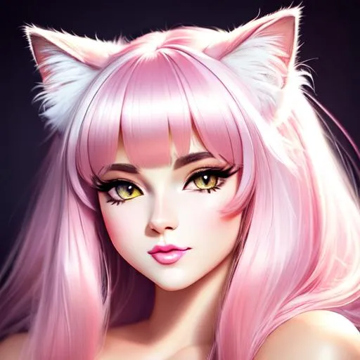 Prompt: The beautiful woman with face like cat , cat stealth,white and pink skin, cat face,intricate hairy body, cat's fur, cute, anime vintage, perfect cat body, cat whiskers, hyperrealism, beautiful photography, highly detailed, hd, 4k, 8k