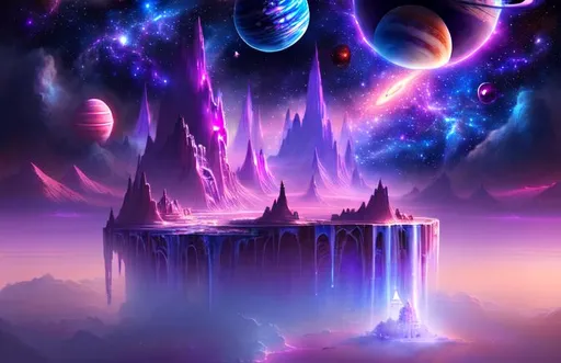 Space, fantasy kingdom on a floating island, clouds,...