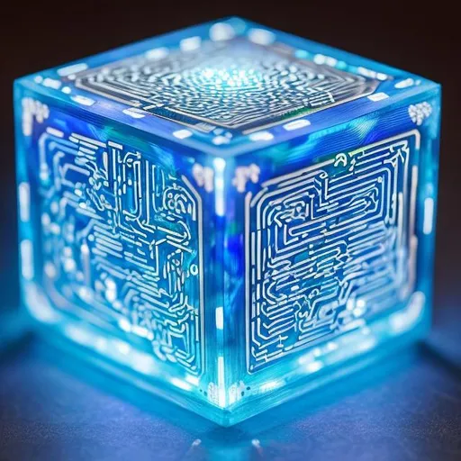 Prompt: "Imagine a small, metallic cube with intricate circuitry etched on its surface. It glows with a pulsating blue light, and its sides are adorned with tiny conductive nodes. The cube is encased in a transparent shell, revealing the mesmerizing dance of electric flux within."
