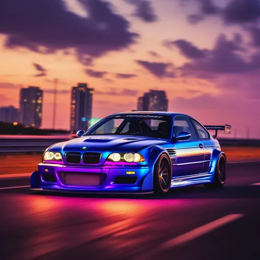 Prompt: 2001 BMW M3 E46 GTR, synthwave, aesthetic cyberpunk, miami, highway, dusk, neon lights, coastal highway, dusk, neon lights, coastal highway, sunset, drift, nurburgring