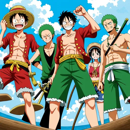 Prompt: One piece main crew (luffy, zoro)