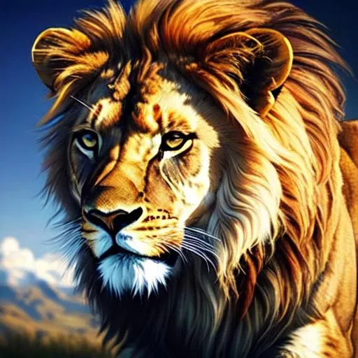 Prompt: A hyper-realistic painting of a majestic lion, captured in full glory with its mane flowing in the wind and its piercing eyes gazing into the distance, set against a breathtaking landscape in high detail.
