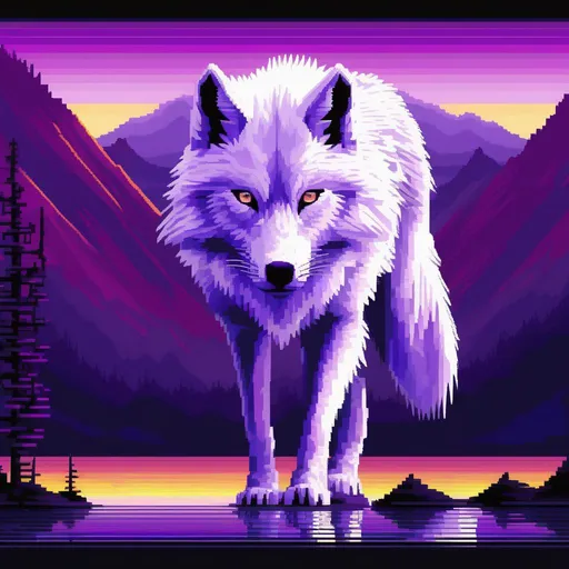 Prompt: (pixel art), 16-bit, beautiful {white wolf}, with {silver eyes}, looking at viewer, glaring through fourth wall, layers of purple mountain silhouettes, magical fantasy crystal lake, twilight, highly detailed, beautifully detailed shading, complementary colors, golden ratio