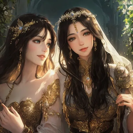 Prompt: Highest quality, goddess attire, two women in love, first woman is a Asian woman with black hair and brown eyes, second woman is a white woman with light brown hair and blue eyes, fantasy forest setting, perfect bodies, perfect faces, soft lighting, romantic, detailed, fantasy, elegant, romantic atmosphere, detailed facial features, ethereal, exquisite, graceful poses, smiling at each other loving