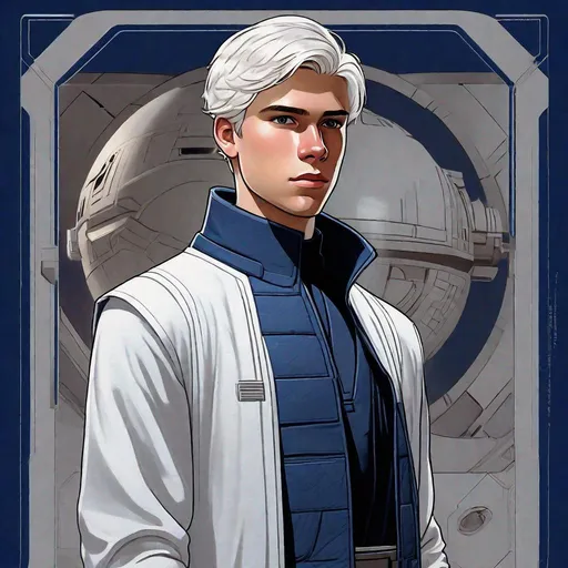 Prompt: 20 year old, young, Detailed art, Handsome young man with short clean white hair, short back hair, well groomed, combed over hair,  dark blue tunic vest, shoulder pad, high collar, straight lines, neat, minimal, Star Wars character art, detailed textured fabric. Cloth neck gaiter, robes, tight white hair, holster, belt, rich, well dressed, fancy clothes, blaster pistol, pistol, Star Wars 
