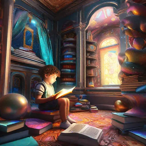 Prompt: hyperdetailed photorealistic illustration of an enchanted beautiful child reading books, portraied inside a futuristic maximalist hyperdetailed room. in the style of Caravaggio, Michelangelo, Paul Gauguin, with flemish baroque vibrant shiny maximalist 3d textures in soft pastel tones. matte background. HD 8x sharp