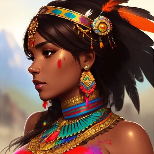 Prompt: Beautiful woman inca princess, brown skin, open dress, feather dress, symmetrical face, holi festival colors, large chest, attractive, Ink painting, bold brushstrokes, snub nose, full lips, elegant. 8k. art by artgerm and greg rutkowski and alphonse mucha. global illumination. rain, portrait, Profile, style by Yoji Shinkawa, Orphism, pattern, psychedelic, Concept art, dramatic lighting, Azure Turquoise yellow black and white, intricate detail, Mandy Jurgens, 8k stylize, 3d render, a 20-year-old Latina woman Wearing a bohemian tunic  standing in front of a colorful wall studio light (blurred background: 1.2) elegant and feminine style photo-realistic.