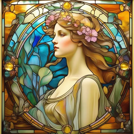 Prompt: art nouveau glass window with a beautiful young lady, lots of radiant colors and gold, in the style of Alfons Mucha