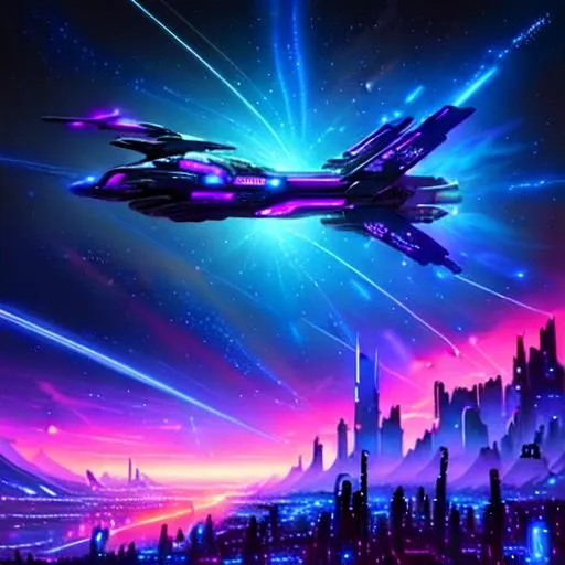 Prompt: Please produce a fantasy cyberpunk City artwork Fantastic flying cars and Space ships flying in the dark sky, nebula and stars in the background on the horizon with blue stars colors and effects. very pretty painting. 