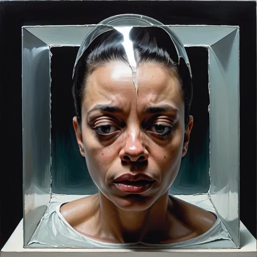 Prompt: black female, head, noir, figurative, human figure, abstract, existentialism, francis bacon, uncomfortable, broken glass