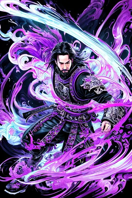 Prompt: colorful contrast ink painting, semi-monochrome,

action shot, looking from below,

masterpiece best quality hyperdetailed intricate ink painting Keanu Reeves as a purple samurai, detailed face, dynamic action pose,

hyperdetailed medieval japan city, futuristic art style, hyperdetailed fluidity glowing neon light melting, neon mist,

windy, cloudy, cinematic light, dramatic light,

album cover art, 128K resolution, masterfully crafted, illustration, brush strokes,

hyperdetailed vector concept art picture, vector, illustration, character concept, fantasy concept art style, heroic fantasy art, digital art, digital lineart,

Greg Rutkowski, Huang Guangjian, CGSociety, ZBrush Central, Victo Ngai,