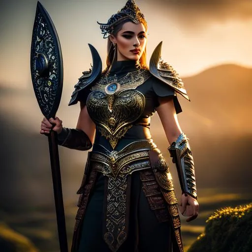 Prompt: Gorgeous, stunning, beautiful, otherworldly druidic goddess who is battle ready wearing ancient celtic clothing, elegant posing, full body, centered, fantasy setting, character concept, cinematic, colorful background, concept art, dramatic lighting, highly detailed, hyper realistic, intricate sharp details, octane render, smooth, studio lighting, trending on art station, 8k, HDR, unreal engine, emotive, cgi, animated, character art, iridescent, metallic, epic fantasy, dark fantasy,