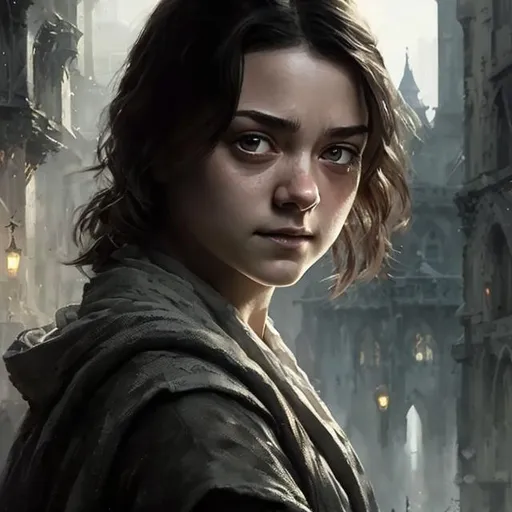 Prompt: Arya Stark, Short Brown hair, Brown Eyes, dark grey robes, character portrait by Greg Rutkowski, Craig Mullins