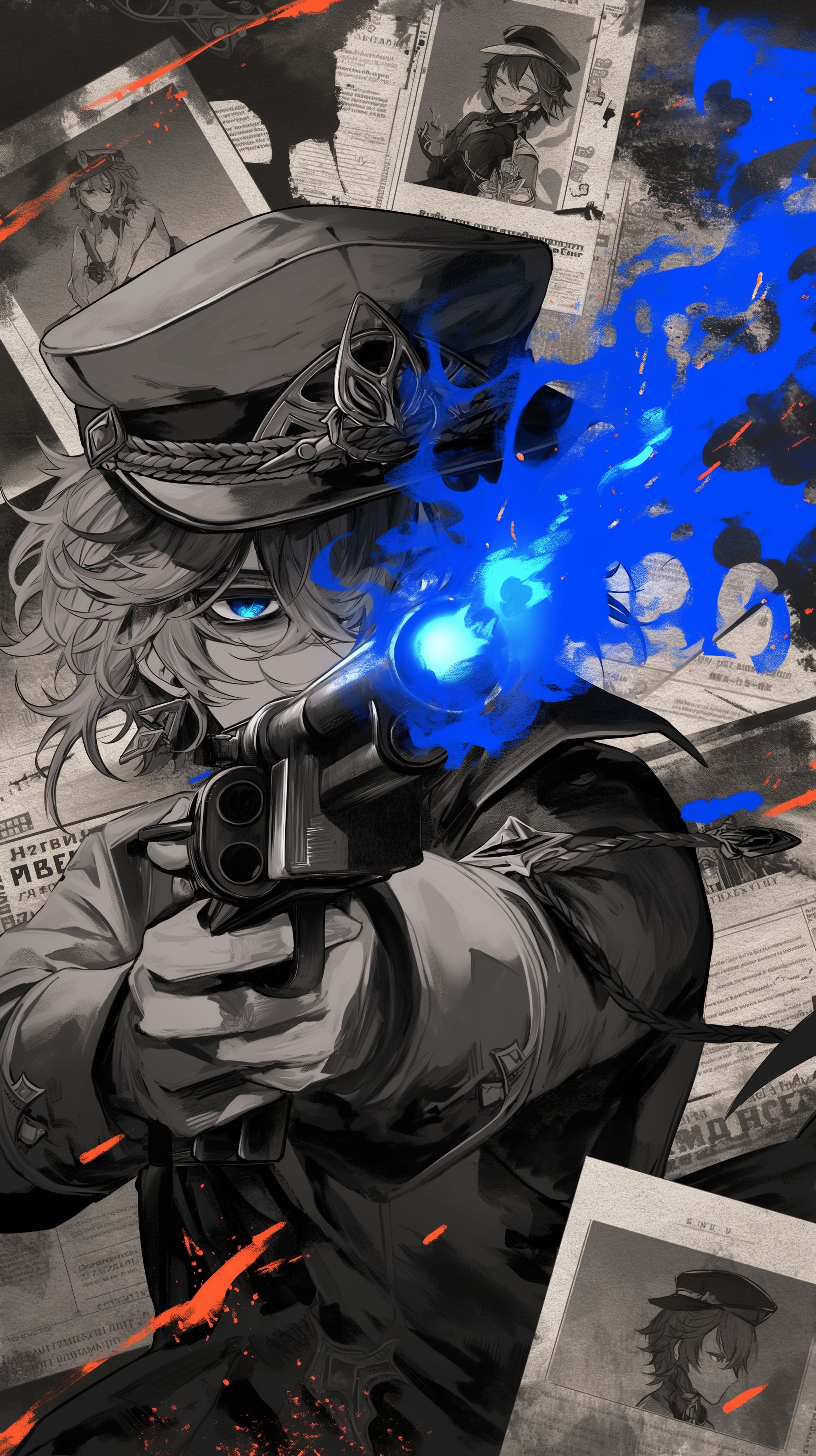 Prompt: Tartaglia from genshin impact, bright blue eyes, single red earing on right side, fireing a tommy gun infront of an old black and white photo old aged newspaper. The only color on the newspaper is the red of dried blood, he's in a cool dramatic pose holding the machine gun surrounded by black silloutes of 1950's style communist russians, he is wearing an fedora with a wide brim styled after his red Fatui mask --niji 6 --ar 9:16