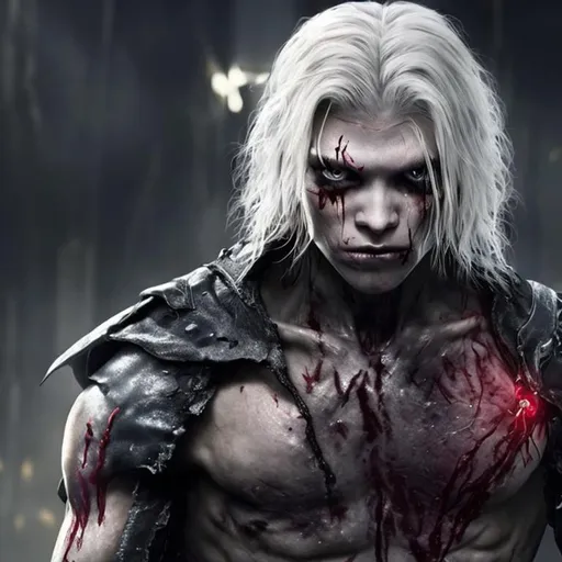 Prompt: human, young, long white hair, men, mutant, scars, blood, boy, black leather clothes