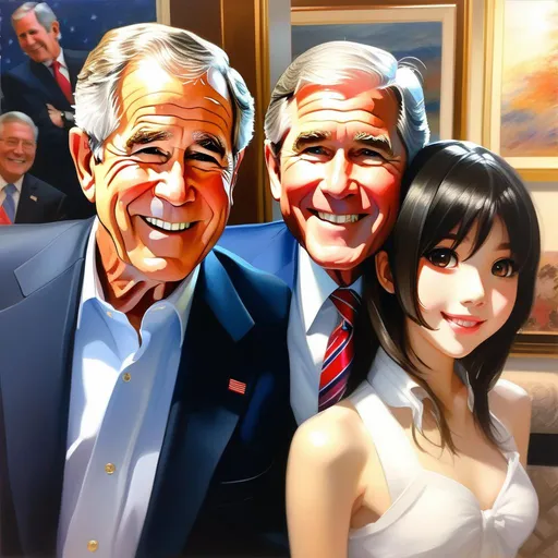 Prompt: George W Bush meets anime girls, anime style, extremely detailed painting by Greg Rutkowski and by Henry Justice Ford and by Steve Henderson 