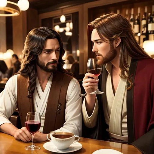 Prompt: Jesus and Obi-wan Kenobi long hair drinking wine in a fancy café