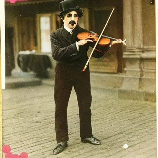 Prompt: Charlie Chaplin  playing violin