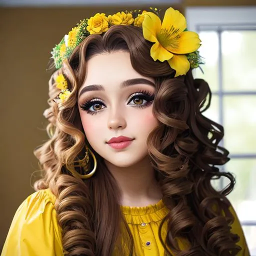 Prompt: A girl with  long curly hair wearing yellow, pretty makeup, flower in her hair