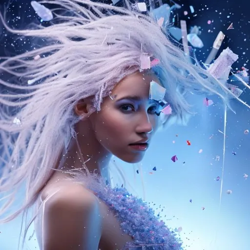 Prompt: Pretty girl with hair fragmenting crystals