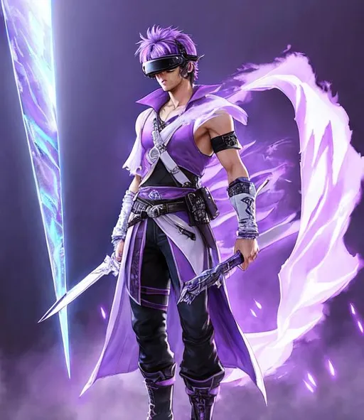 Prompt: a final fantasy watercolor full body concept art with Luke Perry wearing a vr headset, 26 years old male purple hair, wearing vr headset, sleeveless, light purple hair bowl cut, battlefield, ethereal, white mage Artifact gear from FFXIV suit, wearing vr headset, jewelry set,handsome, royal vibe, highly detailed, digital painting, Trending on artstation , HD quality, tan skin,artgerm,by yoshitaka amano