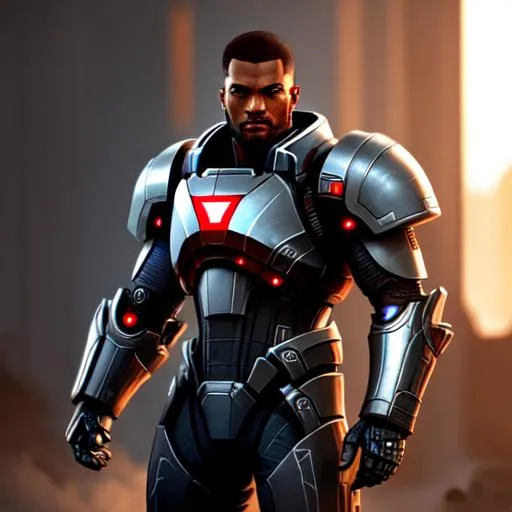Prompt: cyborg male mercenary, armored black body as Mass Effect, intricate details, intimidating, worn, ultra-realistic, unreal 5, concept art, realistic shading, oil painting