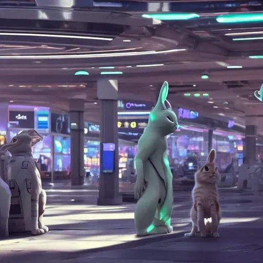 Prompt: cat security guards in a busy alien mall, widescreen, infinity vanishing point, galaxy background, surprise easter egg