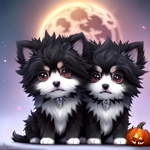 Prompt: two small chibi fluffy puppies, one is all black and the other is all white, wearing creatively fun and stunning costumes, on a blood moon Halloween night, autumn forest colours, sparkling eyes, embers in eyes, shining eyes, sharp features, fireflies, highly detailed, digital painting, trending on artstation, concept art, smooth, sharp focus, beautiful fur, expressive eyes, illustration, art by Artgerm and greg rutkowski and alphonse mucha