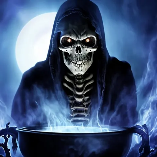 Prompt: Close up of the Grim Reaper looking into a cauldron of Souls