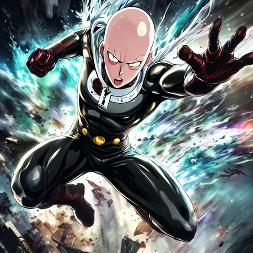 Prompt: With black background, One Punch Man tornado, looking at viewer, in the style of realistic and hyper - detailed renderings, transfixing marine scenes, dolly kei, dragoncore, realistic figures, close up, --ar 4:7 --niji 5 --style expressive --s 180