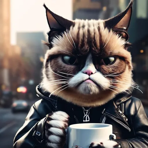 Prompt: High quality photo of an anthropomorphic Grumpy Cat, wearing Biker gear, holding a cup of coffee, hyper realistic, detailed, ;ong shot, sharp focus, fully in frame facing forward, full length photo
