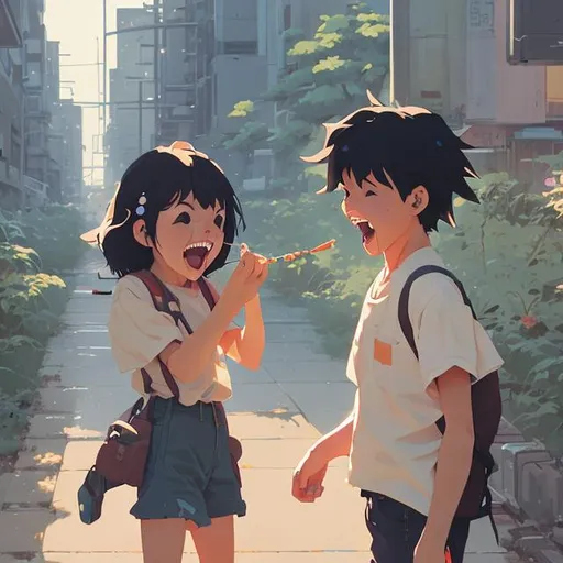 Prompt: girl and boy laughing, talking, and sharing stories, golden ratio, fake detail, trending pixiv fanbox, acrylic palette knife, style of makoto shinkai studio ghibli genshin impact james gilleard greg rutkowski chiho aoshima