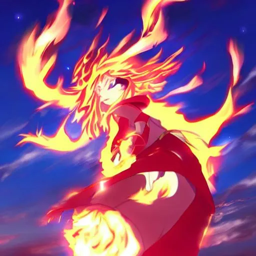 Prompt: Anime Dragon girl throwing sun sized fire ball at massive earth giant