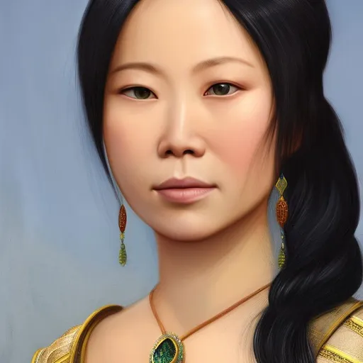 Prompt: Close-up Portrait of young {Lucy Liu} with {long black} hair and with cute face, {in a medieval dress}, perfect composition, hyperrealistic, super detailed, 8k, high quality, trending art, trending on artstation, sharp focus, studio photo, intricate details, highly detailed, high detailed photo by greg rutkowski Enki Bilal