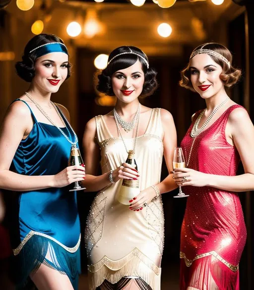 Prompt:  pretty beautiful slim women wearing 1920s outfit 1920s costume 1920s Flapper dress Flapper dresses Flapper styled dress holding bottle of champagne in the air 8k cinematic realistic flash camera picture taken look