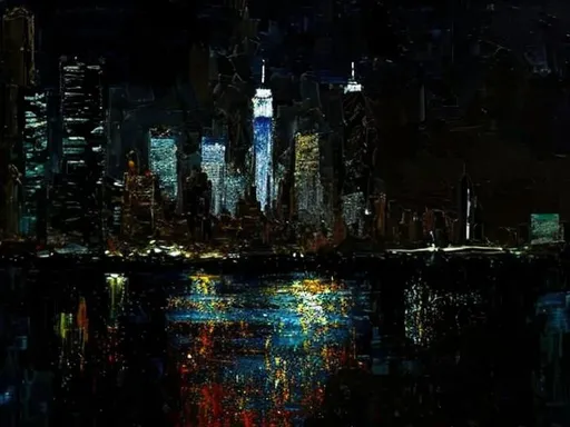 Prompt: Thick oil impasto York Skyline from 42nd Street Pier, thick oil impasto