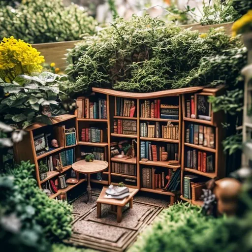 Prompt: miniature city library hidden in the garden