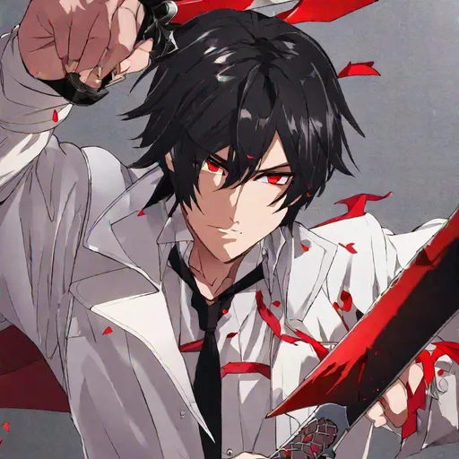 Prompt: Damien (male, short black hair, red eyes) going insane, holding a knife