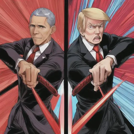 Prompt: obama fighting trump with swords and magic