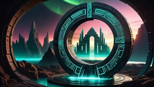 Prompt: magical portal between cities realms worlds kingdoms, circular portal, ring standing on edge, upright ring, freestanding ring, hieroglyphs on ring, complete ring, ancient aztec architecture, atlantis setting, aurora borealis, panoramic view, dark night, futuristic cyberpunk tech-noir setting