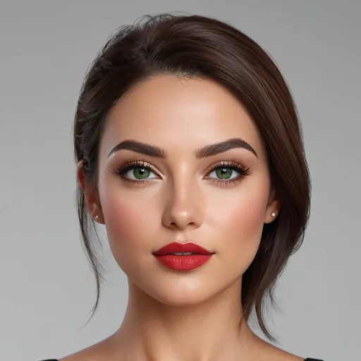 Prompt: Hyper-detailed, hyper-realistic, photorealistic composite face, heart-shaped head, almond-shaped green eyes, slim nose, arched eyebrows, mid-back dark auburn hair with volume well elegantly styled, youthful, tanned complexion, Full lips with red lipstick, minimal eye shadow, Side view (Profile)
 symmetrical, best quality, highres, ultra-detailed, photorealistic, detailed eyes, professional, realistic lighting