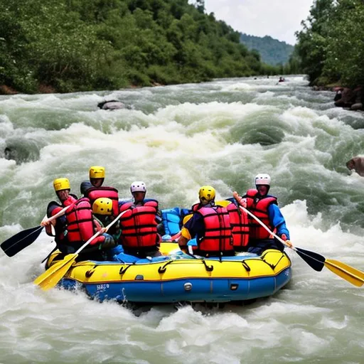 Prompt: A person white river rafting, carrying 2 hard cases in the boat