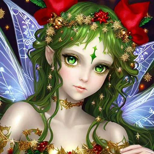 Prompt: fairy goddess of Christmas, etheral, green eyes, dreamscape, vivid clors of red,green and gold,silver,closeup