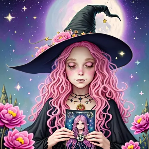 Prompt: witch with wavy pink hair using tarot cards, wearing witch hat, cute, flowers, aesthetic, fairycore, disney, pixar, moon, stars, witchcraft, in a starry pastel sky,  garden, sweet, dreamy, award winning illustration, artstation, highres, realistic, glittering, colorful, vibrant, detailed