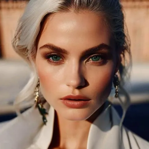 Prompt: A full body portrait of a very Beautiful ethereal white woman with white hair pulled back nicely, stunning green eyes and long, thick, dark eyelashes, Dewey kissable lips, wearing a sheer see through gown, showing off her perfect hourglass figure, perfectly symmetrical face, eyes, lips, and body, unreal engine 5, hyper realistic, full body portrait.
