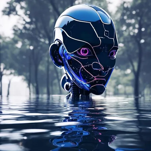 Prompt: An AI robot gazing at its reflection in water.