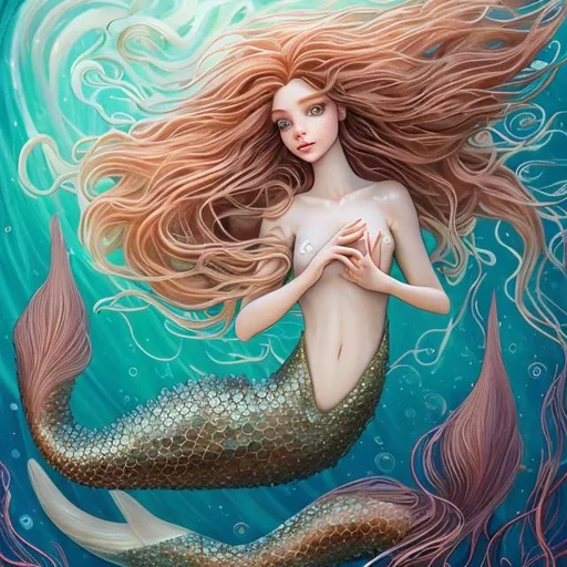 Prompt: A realistic brunette Caucasian mermaid, her flowing locks cascading around her shoulders like silky seaweed, leans forward with graceful intent. Her luminous, almond-shaped eyes, filled with curiosity and affection, lock onto a charming redhead merman.

The mermaid's soft, pale skin glimmers with an otherworldly iridescence, adorned with hints of coral and seashells. Her slender form glides effortlessly through the water, her shimmering turquoise tail reflecting the surrounding hues of the sea. As her lips gently meet the merman's, a sense of connection and longing emanates from the tender embrace.

The merman, with vibrant fiery hair that seems to dance amidst the currents, possesses an aura of strength and mystery. His sculpted physique hints at his untamed nature, while his vivid green eyes sparkle with a mischievous allure. Adorning his left arm is a mesmerizing Celtic tattoo, intricately weaving ancient symbols and knotwork, symbolizing his heritage and connection to the land above.

Their underwater kiss transcends the boundaries between their worlds, a meeting of two souls from different realms, united in a passionate moment. Surrounding them, a vibrant coral reef serves as a vibrant backdrop, teeming with colorful marine life and swaying in harmony with the couple's deep affection.

