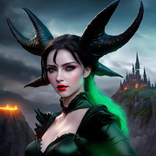 Prompt: 4k 3D professional modeling photo live action human woman hd hyper realistic beautiful dark fairy woman with horns black hair fair skin green eyes beautiful face red lips black dress enchanting  landscape hd background with live action magic castle 