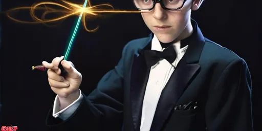 Prompt: 13 year old boy in a tuxedo casting a crazy magic spell from the outside of a bathroom stall with his magic wand, but the spell he cast happens on the inside of the bathroom stall because he cast the spell on the person inside who was warring a T shirt 
